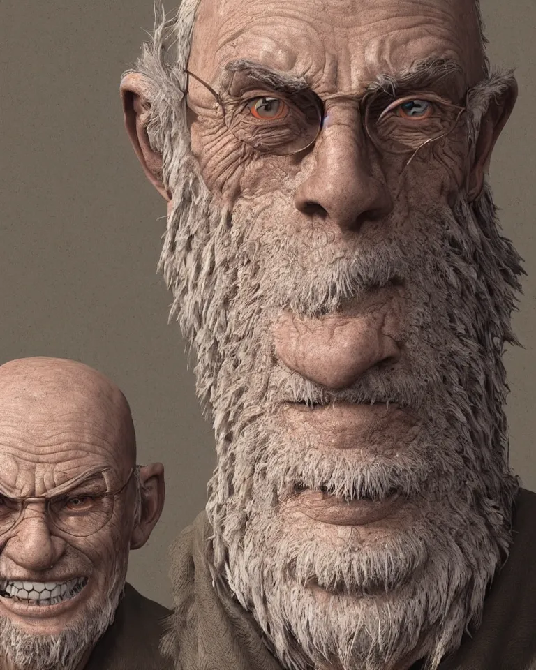 Image similar to A highly detailed portrait 3D render of a craggly old man, wise, gaunt, ancient. Smiling. ZBrush, Blender. Trending on cgsociety. Dramatic lighting. Beautiful. By Mark Mann and Jimmy Nelson.