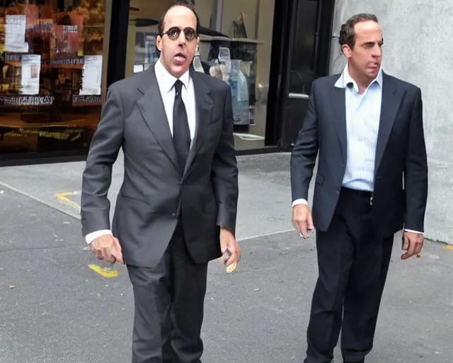 Image similar to Jerry Seinfeld in a suit raging outside of a Starbucks, paparazzi, TMZ, leaked photo, candid shot