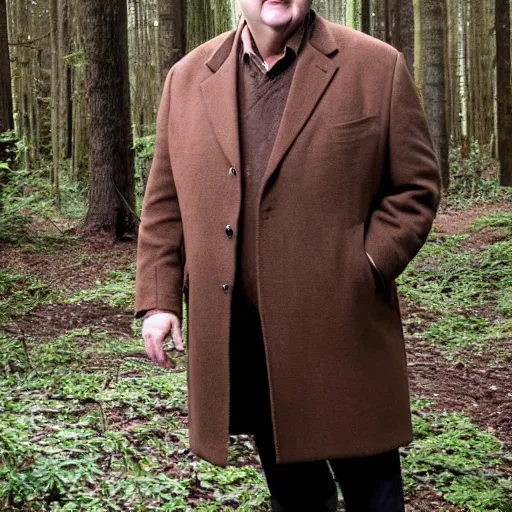 Image similar to Alex Norton wearing a brown overcoat and brown suit standing in a forest.