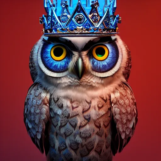 Prompt: cute owl, charactor, big blue eyes, with a diamond crown on his head, magical, warrior, hyper detailed, stylistic, symmetrical, 3 d render, photorealitic, 8 k, octane render