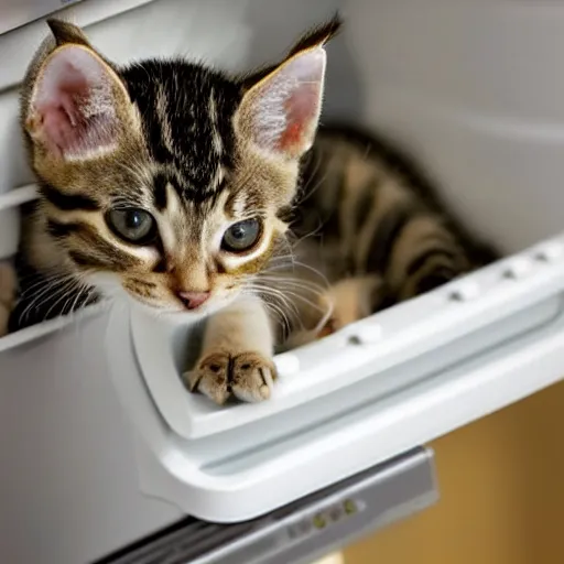 Prompt: a tabby kitten on top of a fridge in the kitchen