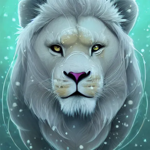 Image similar to aesthetic portrait commission of a albino male furry anthro lion wearing a traditional intricately designed mint colored Kimono, detailed face , hyperdetailed, snowy winter atmosphere. Character design by charlie bowater, ross tran, artgerm, and makoto shinkai, detailed, inked, western comic book art, 2021 award winning painting