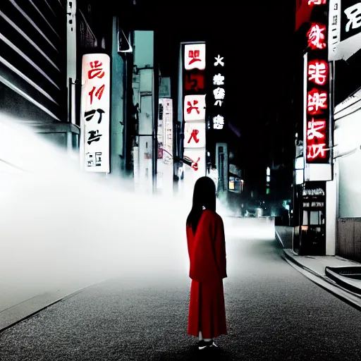 Prompt: a dramatic colorful fujifilm photograph of a young japanese girl\'s silhouette standing in the middle of a tranquil nighttime tokyo street. neon signs light the fog with volumetric rays.