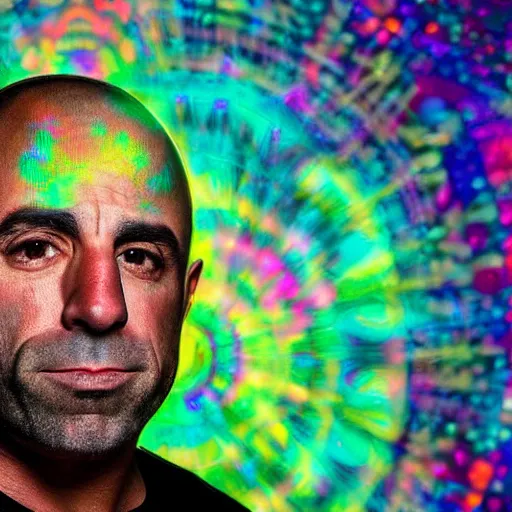 Image similar to a portrait of joe rogan with a psychedelic background with bokeh