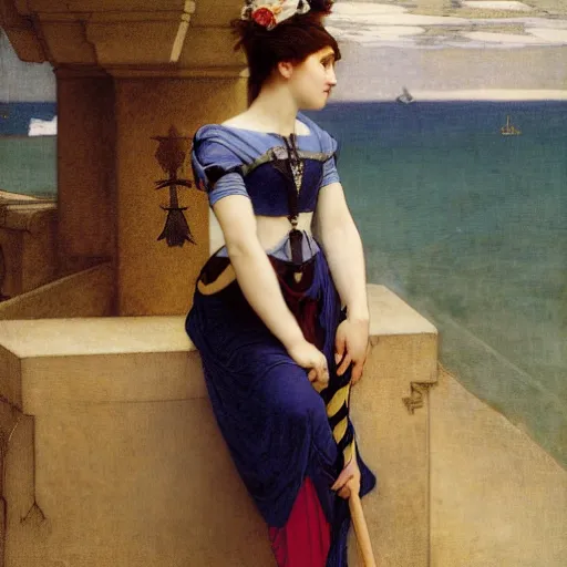 Image similar to A girl with jester clothes and a sword on the front of a Balustrade with a beach on the background, major arcana clothes, by paul delaroche, alphonse mucha and arnold böcklin arnold böcklin hyperrealistic 8k, very detailed