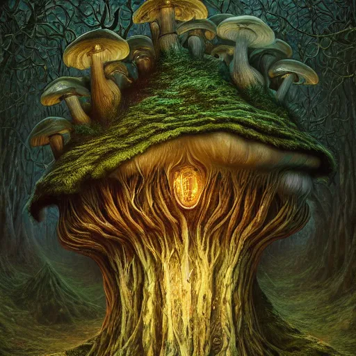 Image similar to Close up hyper detailed fantasy mushroom elf elves in the forest digital art, 4k, artstation deviantart concept art studio lighting by jacek yerka, alex gray, zdzisław beksiński, dariusz zawadzki, jeffrey smith and h.r. giger, oil on canvas, 8k highly professionally detailed, trending on artstation