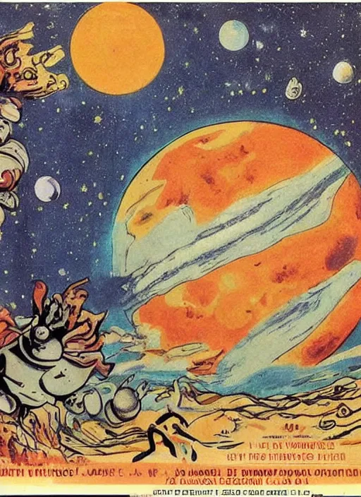 Image similar to earth with a face eating the mars, le voyage dans la lun, art style by george melies, a trip to the moon