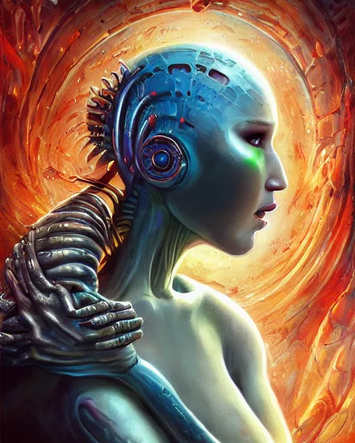 Image similar to cyborg daemonhost jennifer lawrence, by antonio j. manzanedo, giger, alex grey, android jones, wayne barlowe, philippe druillet, raymond swanland, cyril rolando, josephine wall, harumi hironaka, trending on artstation