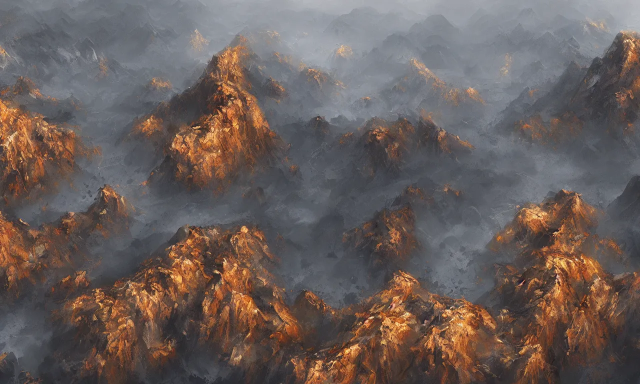 Image similar to breathtaking detailed digital painting of an aerial view of luxurious nature, mountains rocks at dawn with intricate ribbons and golden petals flying, with moody dark tumultuous clouds, by dao trong le, artstation, concept art, matte, 8 k,