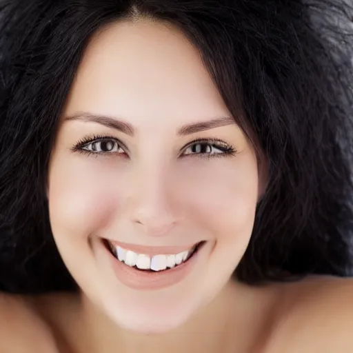 Prompt: german-italian woman with black hair, lovely smile, photo, protrait