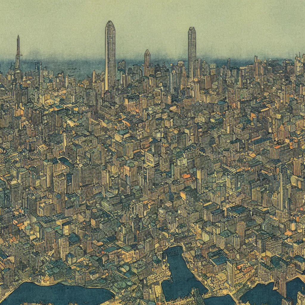 Image similar to highly detailed illustration of the milwaukee skyline, by edmund dulac, loish, and android jones, scans from museum collection