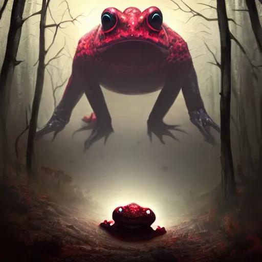 Image similar to giant evil monsterous slimy toad in the dark forest, glowing red eyes, slimy toads, dark night, midnight, foggy, atmospheric, highly detailed, hyperrealistic, gothic horror, trending on artstation, digital art, dark fantasy