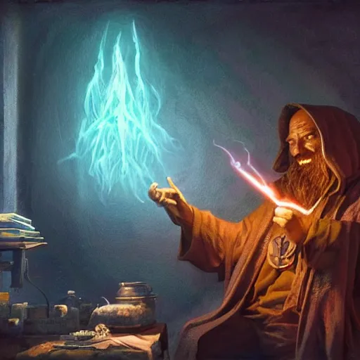 Image similar to a beautiful panting of a dark wizard casting a spell, alchemist lab, hyperrealistic, cinematic atmosphere, epic, artstation, moebius