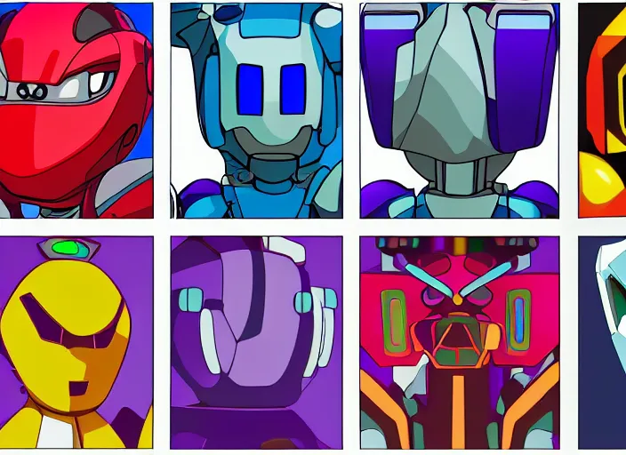 Prompt: 3 rows of 3 framed closeup colorful 3 d - rendered face portraits of cute evil robots from mega man, with a futuristic mechanical background.