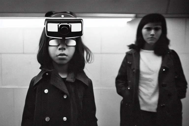 Image similar to girl in augmented reality headset in a subway, richard avedon, tri - x pan, ominous lighting