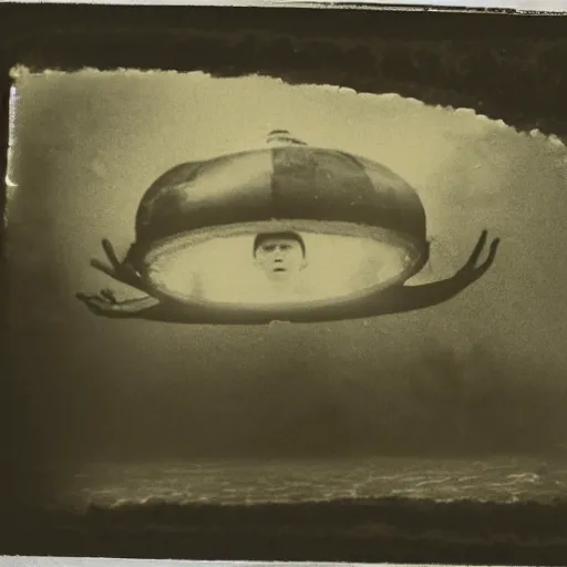 Image similar to tintype photo, swimming deep underwater, alien ship