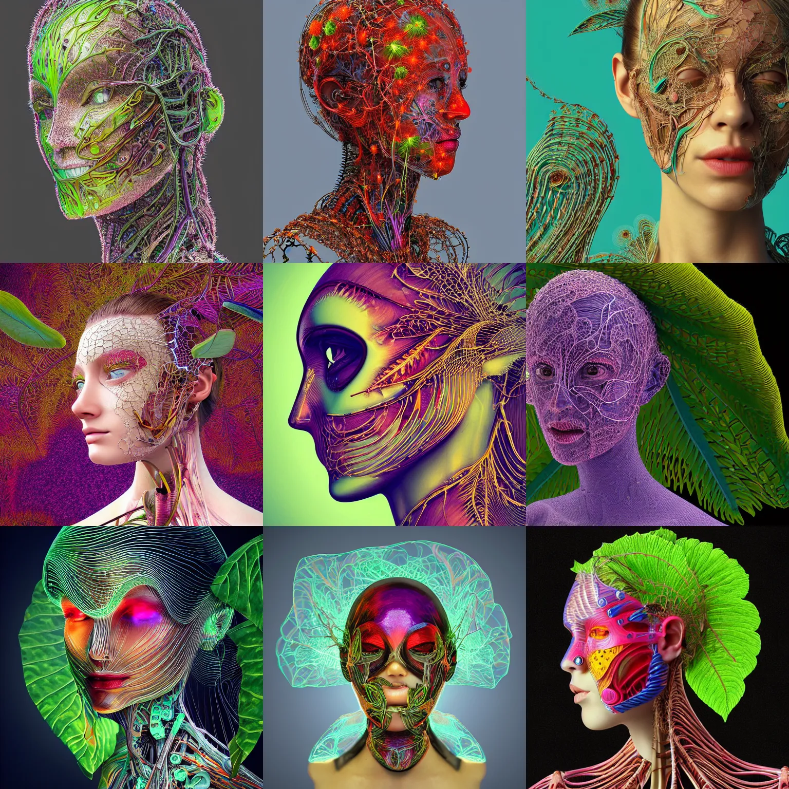 Prompt: cinema 4d colorful render, organic, of a painted realistic womans face with glass helmet, scratched. biomechanical cyborg, analog, macro lens, beautiful natural soft rim light, big leaves, winged insects and stems, roots, fine sharp foliage lace, glowing details, art nouveau fashion embroidered, intricate details, mesh wire, mandelbrot fractal, anatomical, facial muscles, cable wires, elegant, hyper realistic, ultra detailed