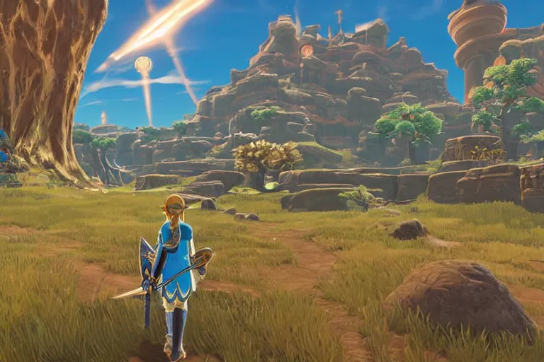 Prompt: zelda botw, epic blue gateway with intricate golden frame to another world, art by hildebrandt, tim and gonsalves, rob dramatic lighting,, unreal engine, very elegant, wide angle lens