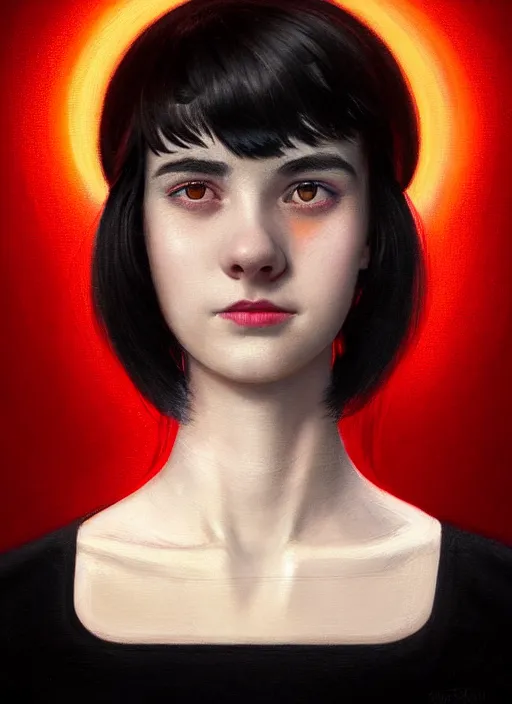 Image similar to portrait of teenage ethel muggs, narrow face, dark eyebrows, black hair, bangs, half updo hairstyle, intricate, elegant, unattractive, defined jawline, glowing lights, buck teeth, highly detailed, awkward smile, digital painting, artstation, concept art, smooth, sharp focus, illustration, art by wlop, mars ravelo and greg rutkowski