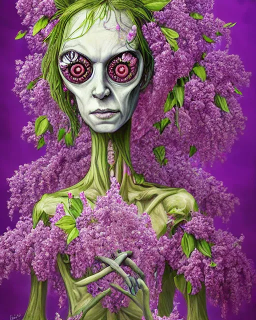 Image similar to Haunting horrifying detailed painting of a tall skinny extraterrestrial flower monster made of lilacs, roses, lilies and daffodils, telekinetic aura, magical powers, and bloodshot eyeballs, hyper detailed, trending on Artstation