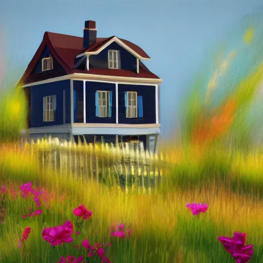 Image similar to house by the seaside, art, digital, painting, bloom, 8 k, hyperrealistic, photo