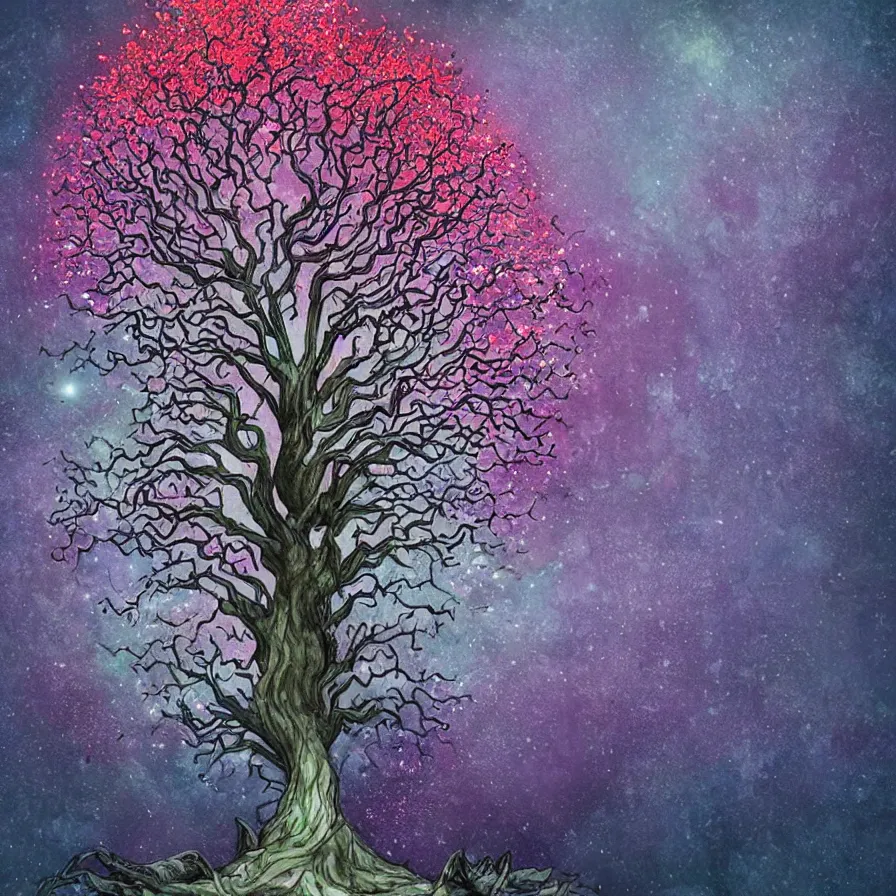 Image similar to dying grey demon grown into a mighty tree of life with blue foliage and a pink glow with huge wide angel wings laying in beautiful summer flowers in amazing serene landscape in sun rays All the flowers around me are blooming. Lovely Peaceful elvish forest on corners. Red burning meteor falling on background. Apples and birds on trees. Rainbow. Raining. Starts falling. Incredible colors. Hyperdetailed. Autumn color scheme.