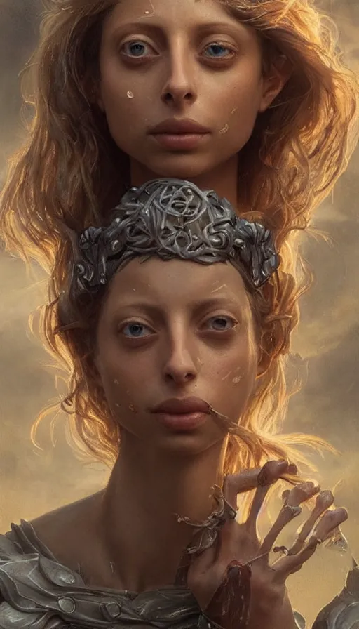 Image similar to epic masterpiece beautiful angela sarafyan, sweaty skin, hyperrealistic, octane render, cinematic, beautiful face and flawless skin, perfect hands, 5 fingers, by edgar maxence and ross tran and michael whelan, legends of runeterra