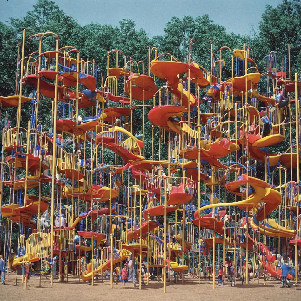 Prompt: full - color 1 9 7 0 s photo of a vast incredibly - large complex very - dense tall many - level playground in a crowded schoolyard. the playground is made of wooden planks, rubber tires, metal bars, and ropes. it has many spiral staircases, high bridges, ramps, balance beams, and metal tunnel - slides.