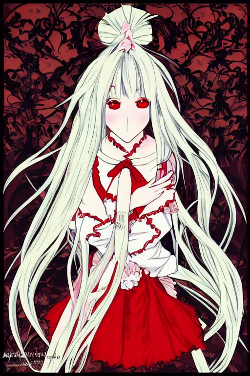 Image similar to Anime girl with chin length white hair, wearing red gothic lolita clothing, trending on Instagram, digital drawing, anime animation cell, colored manga panel, art by Alphonse Mucha