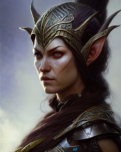 Image similar to fierce female elven warrior, fantasy character portrait, ultra realistic, concept art, intricate details, highly detailed, wide angle, by greg rutkowski, gaston bussiere, craig mullins, simon bisley