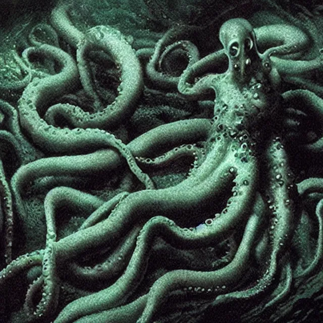 Image similar to phosphorescent skin of the tentacle squid horror, photograph created by del toro + lovecraft + realistic horrors + matte painting + dead souls