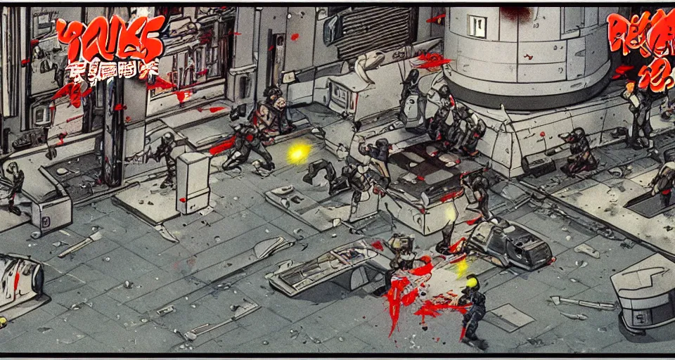 Prompt: 1987 Video Game screenshot for Akira style Anime Neo-tokyo Cyborg bank robbers vs police, Set inside of the Bank, Open Bank Vault, Multiplayer set-piece Ambush, Tactical Squads :10, Police officers under heavy fire, Suppressive fire, Pinned down, Destructible Enviorments, Gunshots, Bullet Holes and Anime Blood Splatter, :10 Gas Grenades, Riot Shields, MP5, AK45, MP7, P90, Chaos, Anime Machine Gun Fire, Gunplay, Shootout, :14 FLCL + Gunblade NY + Jet Grind Radio, Cel Shaded:15, Created by Katsuhiro Otomo + Studio Gainax: 20