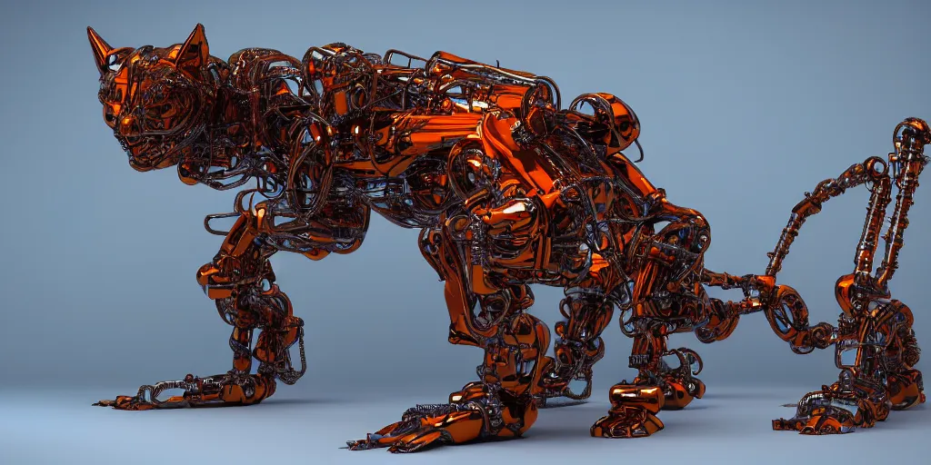 Image similar to a big orange artificial maine coon cat made of shiny plastic, [ scifi, robot, epic, cinematic, 8 k, octane render, ultra detailed, intricate, ornate, cybernetics, giger, biomechanical ]