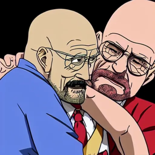 Image similar to Michael Ehrmantraut hugging walter white from behind wrestling breaking bad in one piece anime style