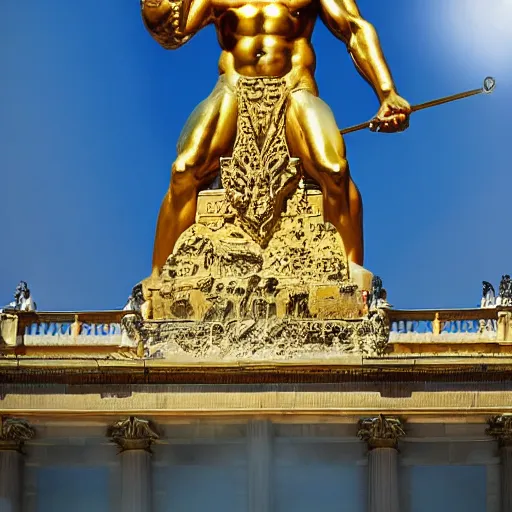 Prompt: god moloch statue, gold, digital art, classical art, sharp focus, clear sky, muscular