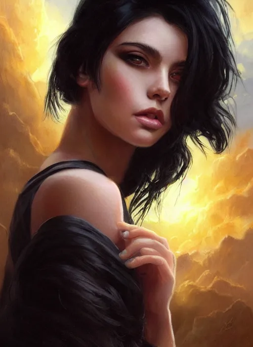 Image similar to girl with iridescent black hair, beautiful highly detailed face, complementary lighting, backlit, eyeshadow, divine, dramatic lighting, landscape background, beautiful painting by artgerm and greg rutkowski and raymond swanland