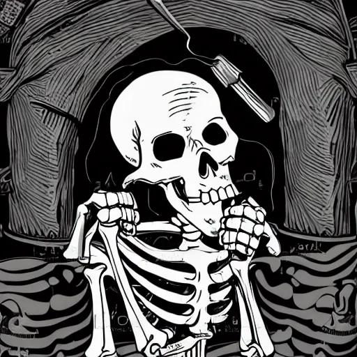 Prompt: a skeleton drinking beer in a medieval tavern, black and white vector art