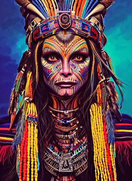 Image similar to portrait of michelle pfeiffer, hyper detailed ultra sharp aztec shaman warrior. trending on artstation, warpaint aesthetic, bloodwave, colorful, psychedelic, ornate, intricate, digital painting, concept art, smooth, sharp focus, illustration, art by artgerm and greg rutkowski and h. r. giger, 8 k