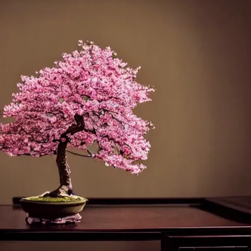 Image similar to a sakura bonsai tree on a desk in a living room, beautiful, high detail, cinematic, instagram,