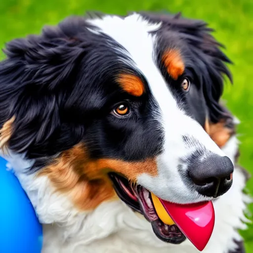 Prompt: a Bernese Mountain Dog with a blue ball in his mouth, photo, 4K