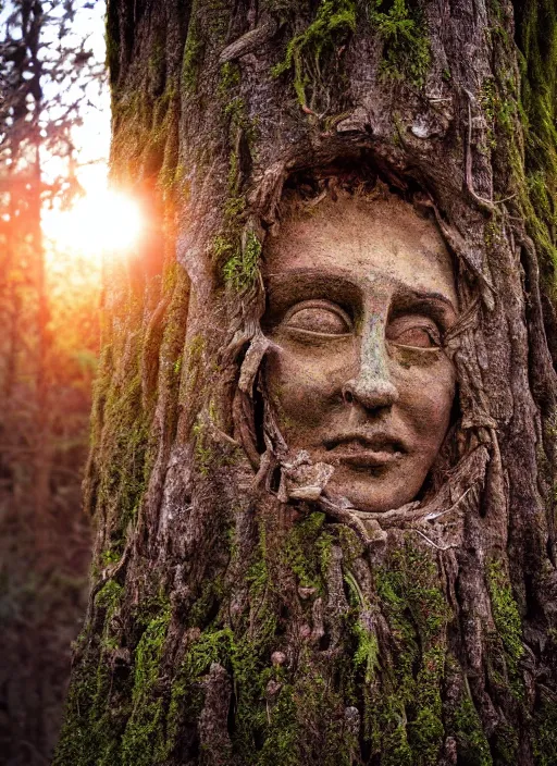 Prompt: photograph of hyperrealistic hyperdetailed ancient face inside a tree covered with bark and moss, in a dark mysterious forest at sunset