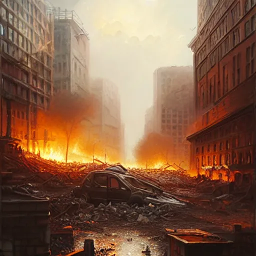 Image similar to city of munich destroyed by a meteor!!!, rubble!!, fires!! hyperrealistic, highly detailed, cinematic, foggy light from fires, beautiful, cgssociety, artstation, 8 k, oil painting by greg rutkowski, by artgerm, by wlop