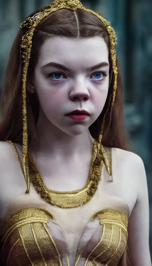 Image similar to dressed anya taylor - joy as goddess of the communism, symmetrical, cinematic, elegant, real photography, 4 k, ultra hd, sense of awe