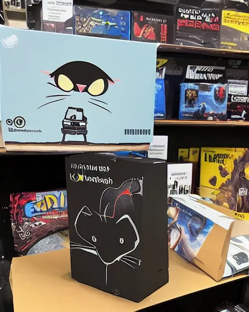 Prompt: Photo of a GPU box sitting on a store shelf in microcenter with a silly artwork of a cat flying a UFO printed on the box