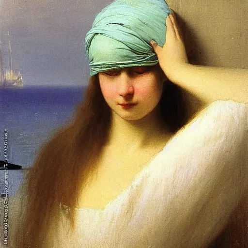 Image similar to a young woman’s face, her hair is white, her eyes are covered with a flowing blue satin blindfold, by ivan aivazovsky and alma tadema and and willen claesz heda and aelbert cuyp and gerard ter borch