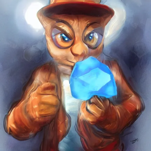 Prompt: pepe the miner holding blue crystal, artstation