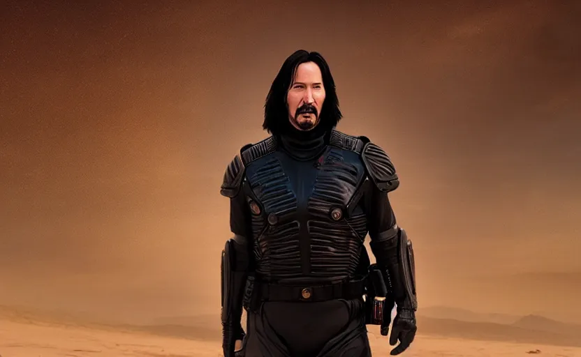 Image similar to Keanu Reeves! in Dune 2021, Cinematic Lighting, Movie Screenshot, Still, 4k, Movie Scene