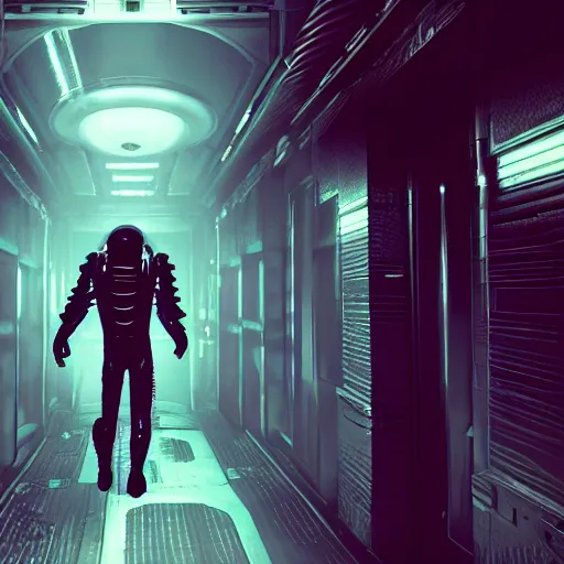 Image similar to scary alien running behind me in a space station corridor, alien! alien isolation, horror, game, cinematic, motion blur, highly detailed, 4 k, game screenshot, dark, white lightning