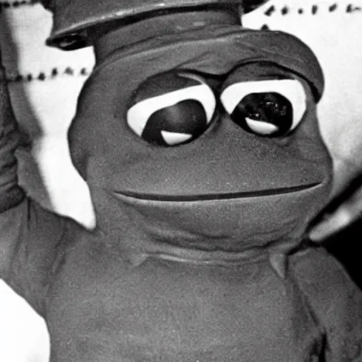 Prompt: a close up photo of pepe the frog in ww 2, historical photo,