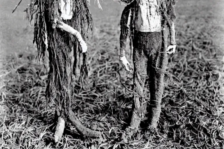 Image similar to disturbing scarecrow from the early 1 9 0 0's in a trancelike state in the burning cornfields